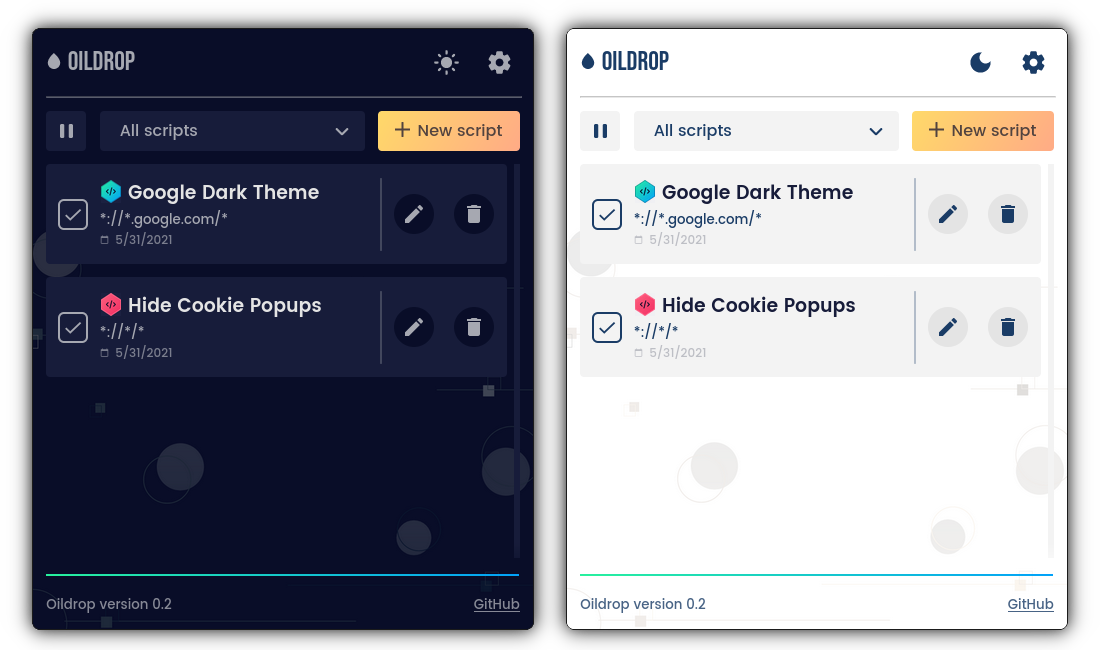 A preview of Oildrop in both its light and dark mode.