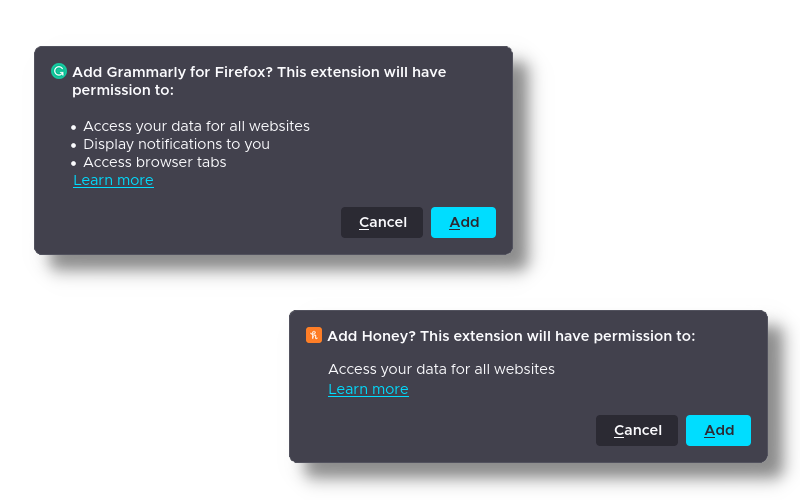 Permission dialogues for popular browser extensions